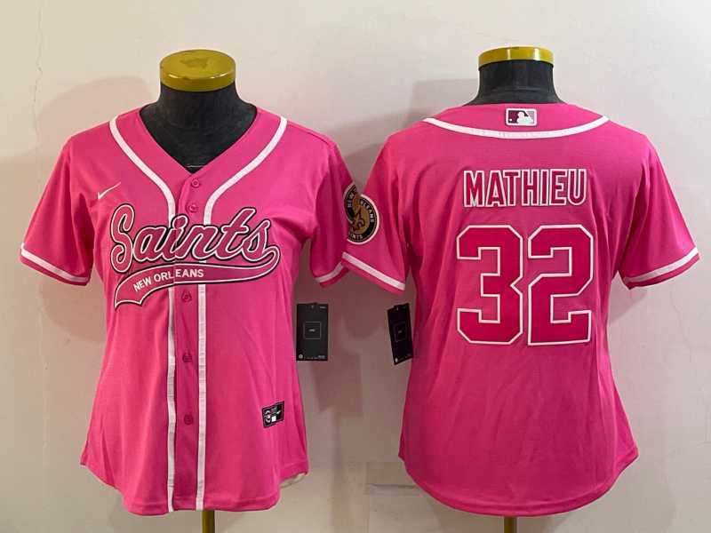 Women%27s New Orleans Saints #32 Tyrann Mathieu Pink With Patch Cool Base Stitched Baseball Jersey